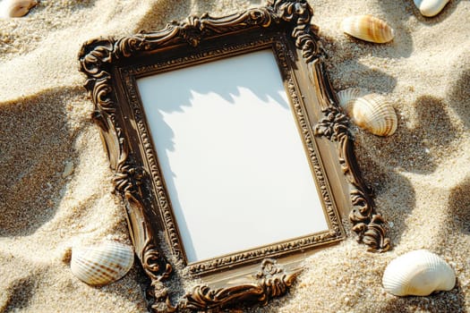 An ornate antique frame rests on a sandy beach, surrounded by seashells, offering a serene blank canvas perfect for creative projects and artistic designs.