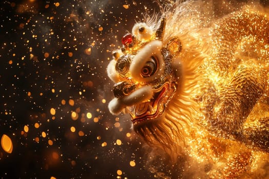 A stunning depiction of a golden lion dance bursting with energy and sparkles against a dark background, capturing the essence of celebration and cultural heritage.