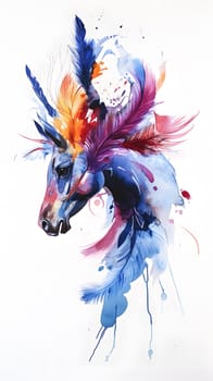 Colorful watercolor illustration of a unicorn with vibrant feathers.