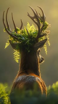 A majestic deer adorned with ferns, showcasing nature's beauty.