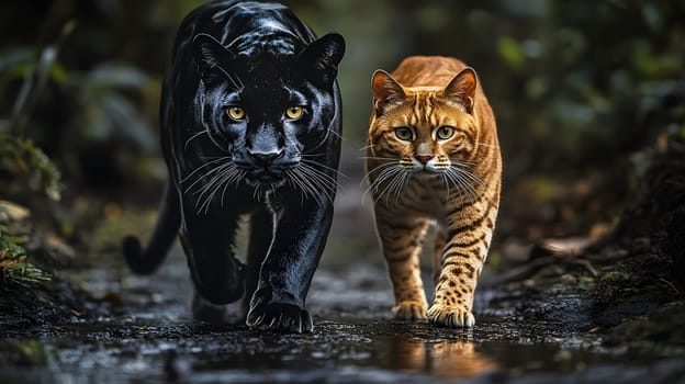 A black panther and an orange tabby cat walking together in nature.