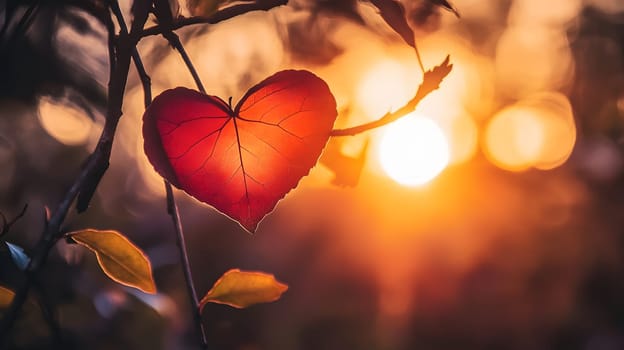 A heart-shaped leaf against a sunset backdrop, symbolizing love.