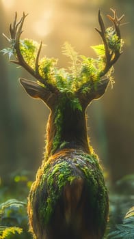 A majestic deer adorned with moss and ferns in a sunlit forest.