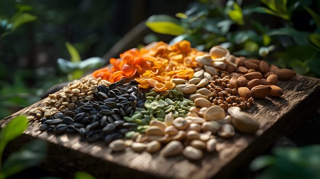 A colorful assortment of seeds and nuts arranged on a wooden board.