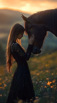 A woman in a black dress gently touches a horse's face at sunset.