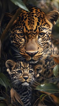 A leopard mother and her cub nestled among lush foliage.