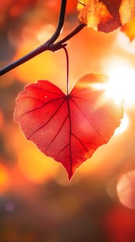 A heart-shaped autumn leaf illuminated by sunlight.