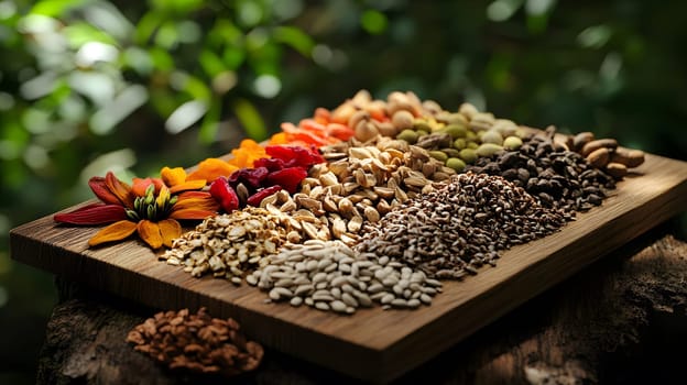 A colorful assortment of seeds and flowers arranged on a wooden platter.