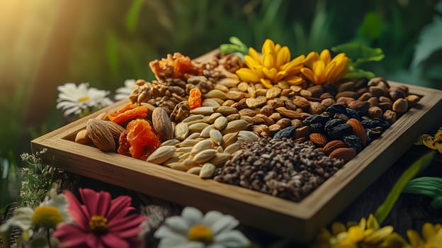 A wooden platter filled with assorted nuts, seeds, and flowers.
