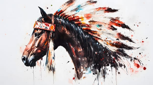 Artistic depiction of a horse wearing a Native American headdress.