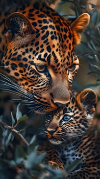 A close-up of a leopard mother and her cub in a natural setting.