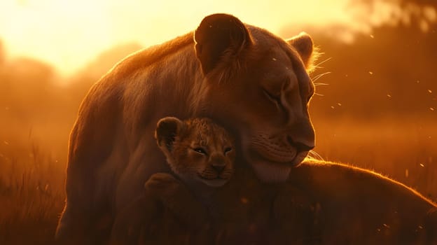 A lioness embraces her cub in a warm, golden sunset.