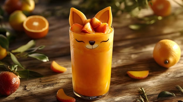 A whimsical drink with a fox-themed design and fruit toppings.