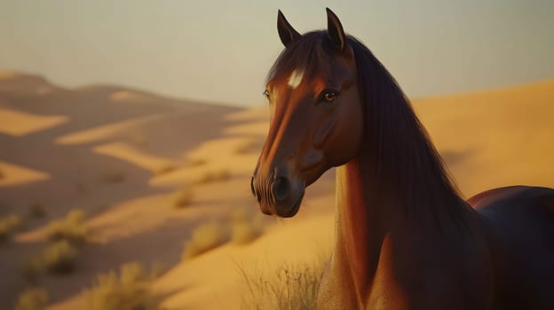 A majestic horse stands in a serene desert landscape at sunset.