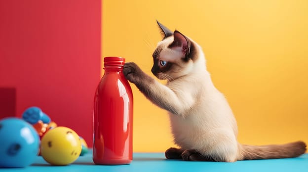 A playful kitten interacts with a bright red bottle on a colorful backdrop.