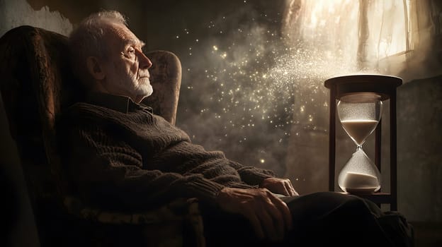 An elderly man reflects on time beside an hourglass in a dim room.