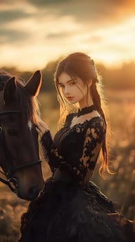 A woman in a black dress stands beside a horse at sunset.