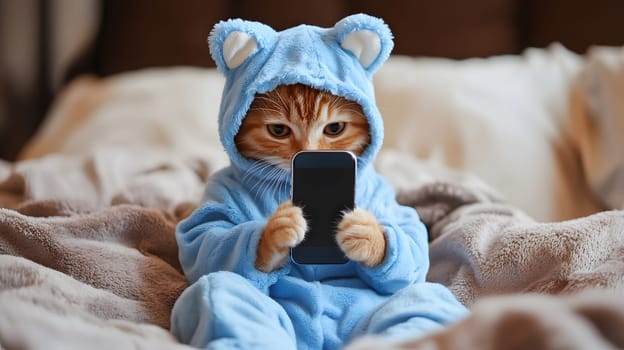 A cute cat in a blue hoodie using a smartphone on a bed.