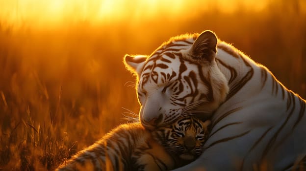 A white tiger cuddles with its cub in a warm, golden sunset.