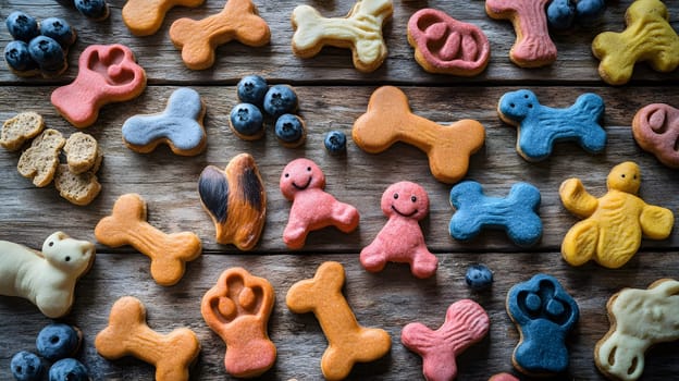 Colorful cookies shaped like bones and animals on a wooden surface.