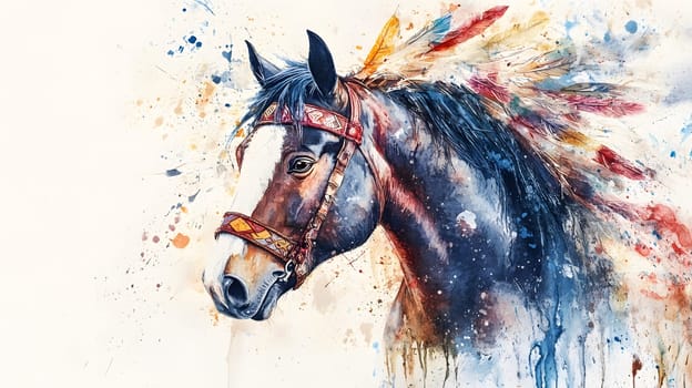 A vibrant watercolor painting of a horse with colorful splashes.