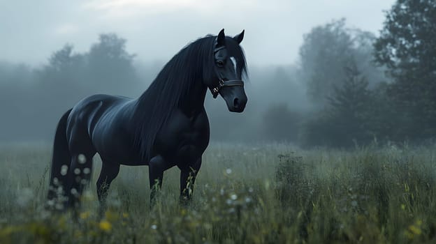 A majestic black horse stands in a misty, serene field.