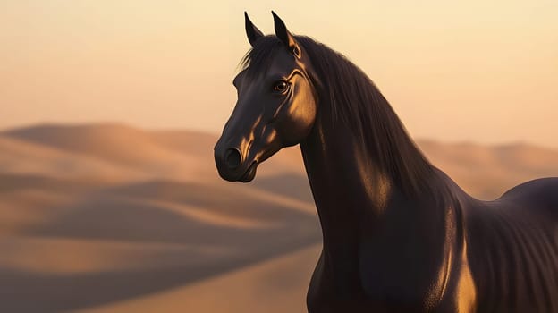 A majestic black horse against a serene desert backdrop at sunset.