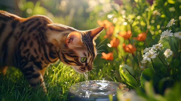 A Bengal cat drinking water in a vibrant garden setting.
