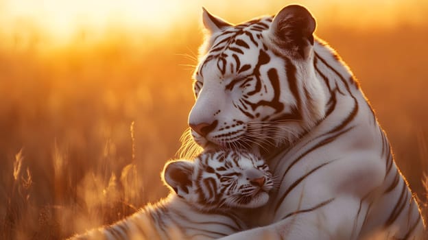 A tender moment between a white tiger and its cub at sunset.