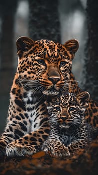 A mother leopard and her cub resting in a serene forest setting.