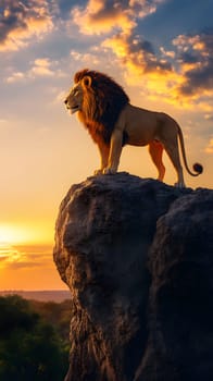 A majestic lion stands atop a rocky outcrop during a sunset.