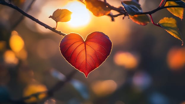 A heart-shaped leaf hangs delicately on a branch at sunset.