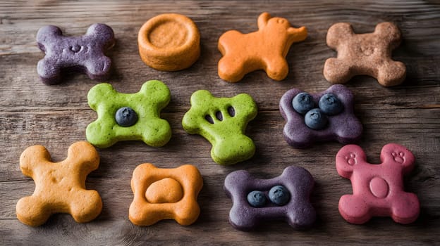 Colorful dog treats in various shapes and flavors on a wooden surface.