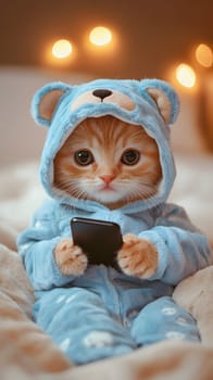A cute kitten in a blue bear hoodie playing with a smartphone.