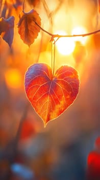 A heart-shaped leaf illuminated by sunlight in a vibrant autumn setting.