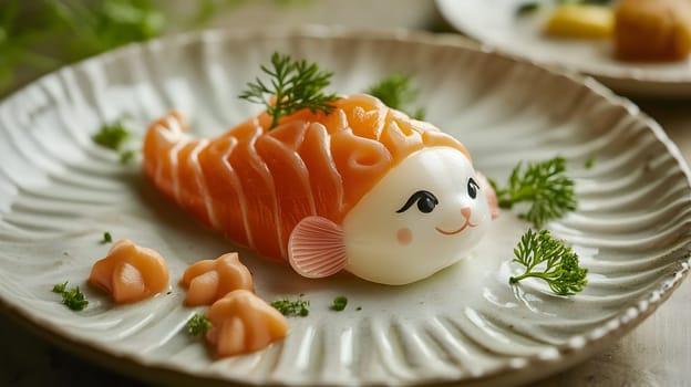 A whimsical salmon dish shaped like a cute fish, garnished creatively.