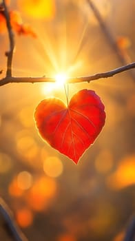 A heart-shaped leaf illuminated by sunlight among autumn foliage.