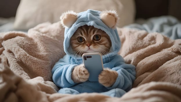 A cute cat in a blue hoodie using a smartphone on a cozy blanket.
