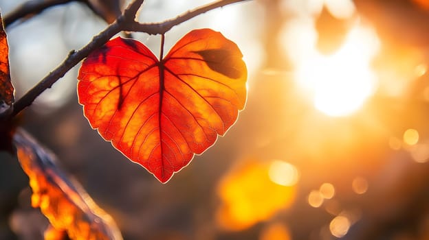 A heart-shaped leaf illuminated by sunlight in a natural setting.