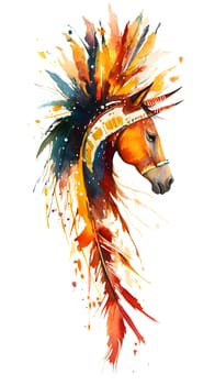 A vibrant watercolor illustration of a horse's head with feathers.