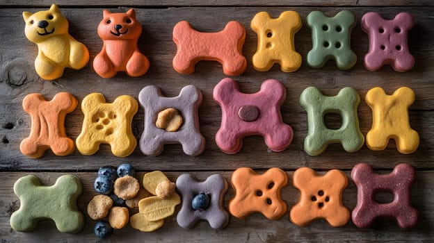 Colorful pet treats shaped like bones and animals on a wooden surface.