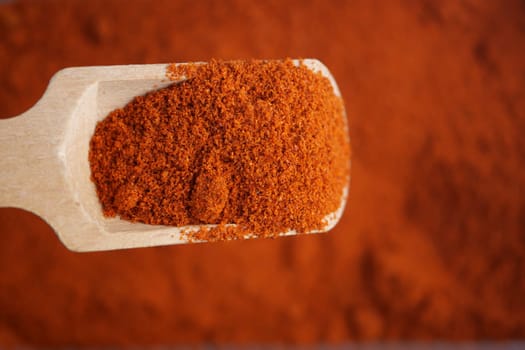 The vibrant, rich red paprika powder is beautifully showcased on a rustic wooden spoon