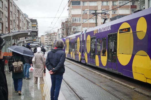 turkey istanbul 1 june 2023. T1 tram at Eminonu with people crossing the road ,