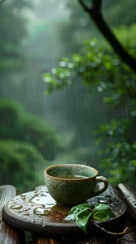 A cup of tea sits on a wooden table in the rain, surrounded by the green grass. The tableware and drinkware are slowly getting wet as the terrestrial plants receive the water droplets