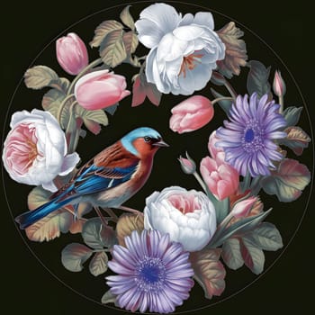 Vibrant circular floral illustration with a colorful bird centerpiece on a black background. Ideal for wall art, greeting cards, packaging, textile prints, and nature-inspired design projects.