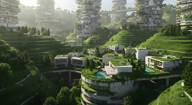 Futuristic digital artwork of a lush urban landscape with terraced hills and modern buildings with solar panels and gardens. Ideal for sustainable architecture or eco-friendly design concepts.