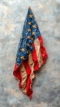 Presidents' Day. A vintage-style American flag with a tattered appearance, hung on a textured wall, symbolizing history and resilience
