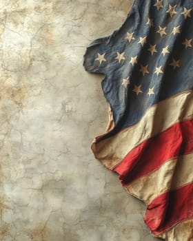 Presidents' Day. A vintage-style American flag hung against a weathered wall with cracks and textures, symbolizing resilience and history