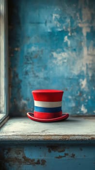 Presidents' Day. A charming patriotic hat in vibrant colors, resting on a window ledge with a rustic and artistic backdrop, symbolizing tradition and pride