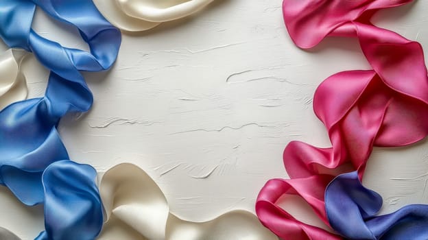 Presidents' Day. Elegantly arranged red, blue, and white satin ribbons forming a vibrant and patriotic composition on a textured surface, symbolizing celebration and unity